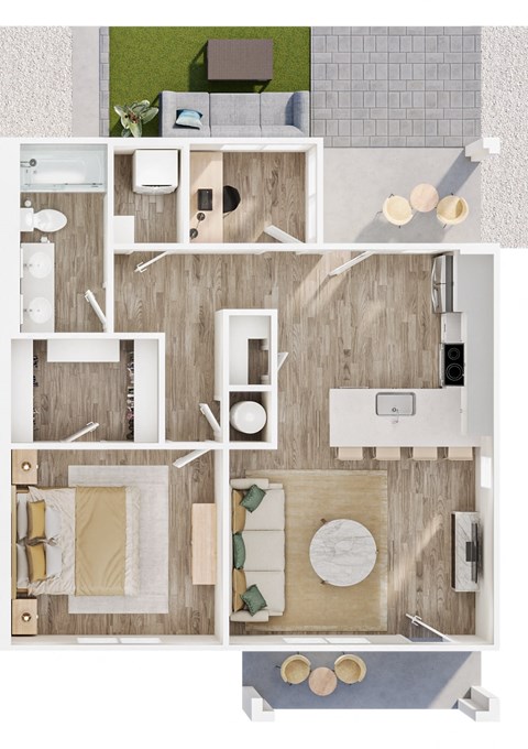 A top-down view of a modern apartment layout.